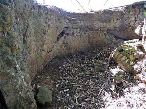 Inside the remnant circular fire pit with block stone-work evident on the wall