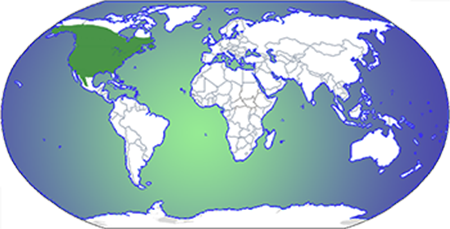 North America highlighted on a map of the world
